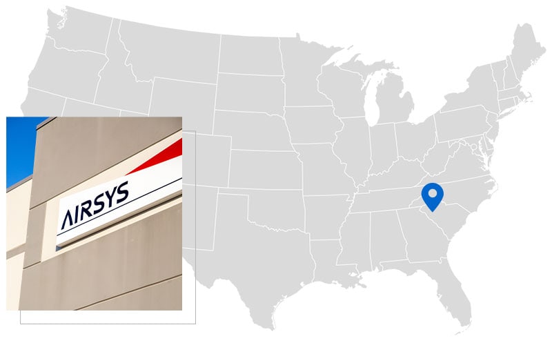 US map marking AIRSYS' headquarters in SC