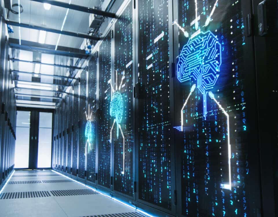 A server room with brain on the wall