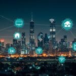 Smart city technology concept with iot and digital network connections over cityscape at night