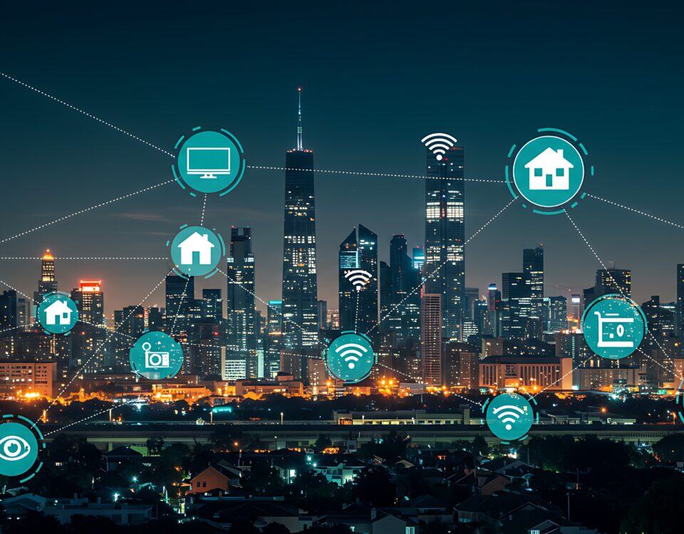 Smart city technology concept with iot and digital network connections over cityscape at night