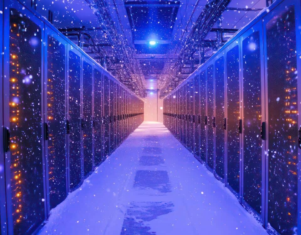 A hallway in a data center, lined with server rows, ends with a solitary blue light glowing atop one row