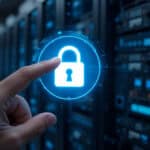 A finger touching a digital padlock icon in front of a server rack for data protection concept