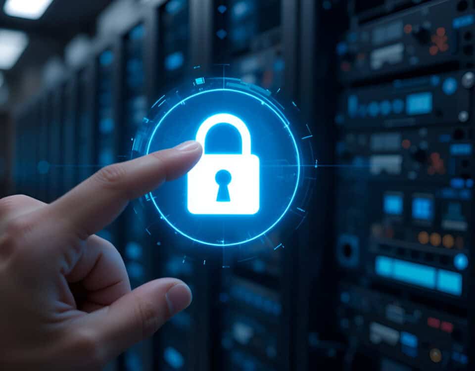 A finger touching a digital padlock icon in front of a server rack for data protection concept