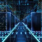 Data Technology Center Server Racks in Dark Room with VFX.