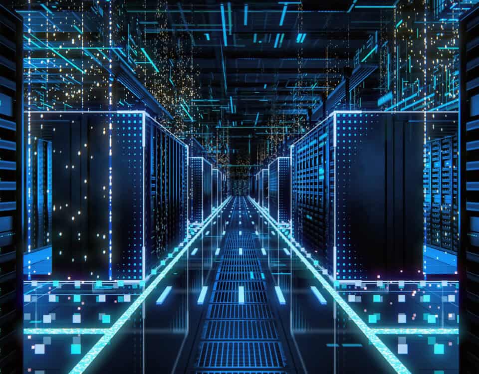 Data Technology Center Server Racks in Dark Room with VFX.