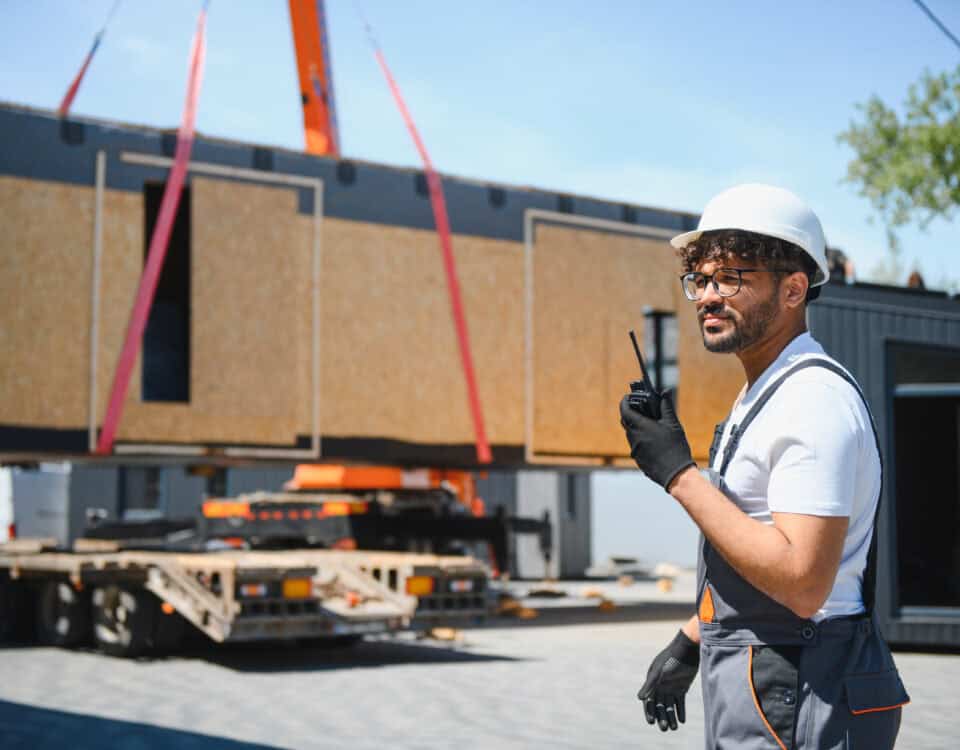 Construction worker supervising loading of prefabricated house module onto truck
