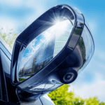 A close-up of an electric vehicle side mirror reflecting a high-tech data center.