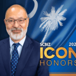 Graphic showing Yunshui Chen photo and SCBIZ ICON Honors Award logo