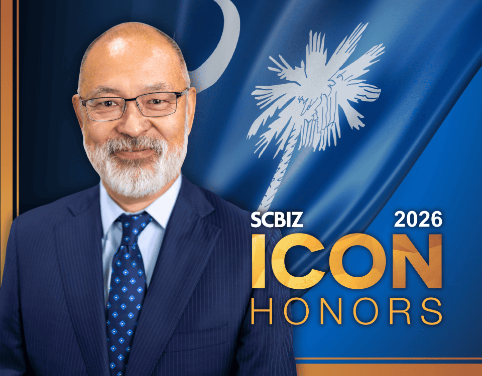 Graphic showing Yunshui Chen photo and SCBIZ ICON Honors Award logo
